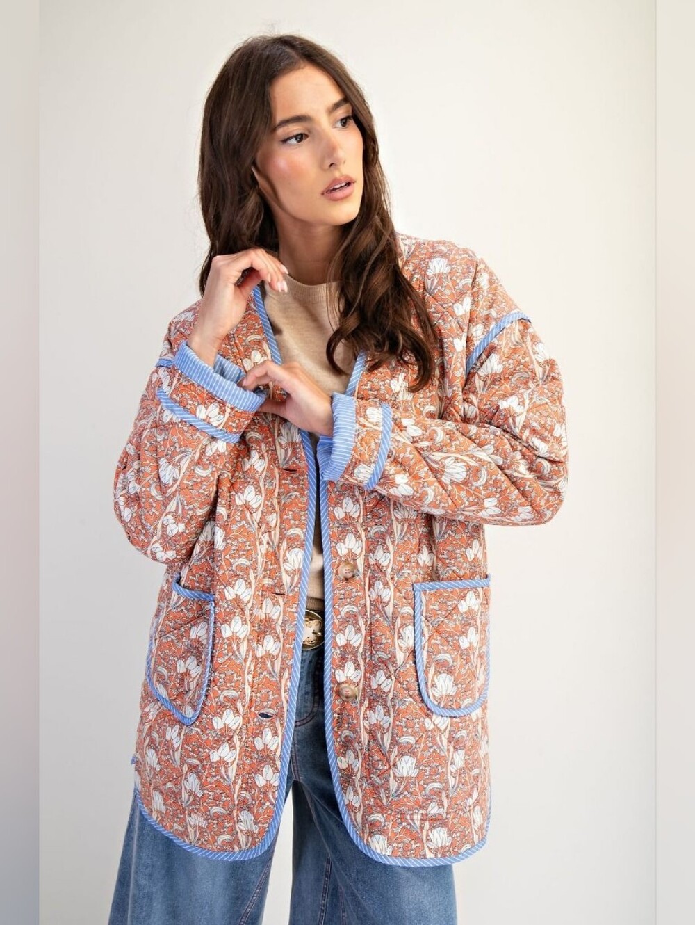 A5-0831 Easel Quilted Cotton Floral Fall Tie Front Jacket Coat - Picture 4 of 6